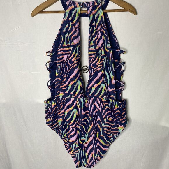 XOXO One Piece Swimsuit Strappy Sides Deep Keyhole Front Colorful Womens XL Blue - Picture 2 of 8